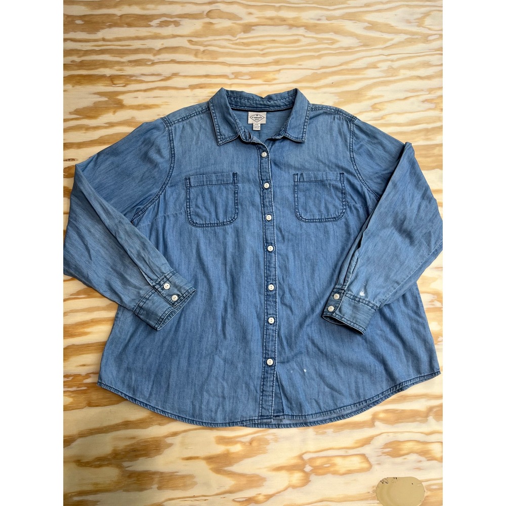 St Johns Bay Womens PXXL Blue Cotton Denim Chambray Button Down Shirt LS
